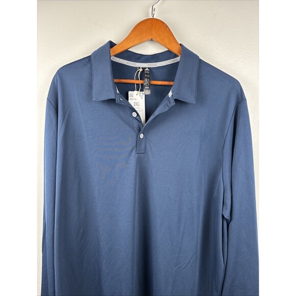 NWT Adidas UPF men’s Polo Long Sleeve Navy 2XL Aeroready 3 Button Golf New - Picture 1 of 8